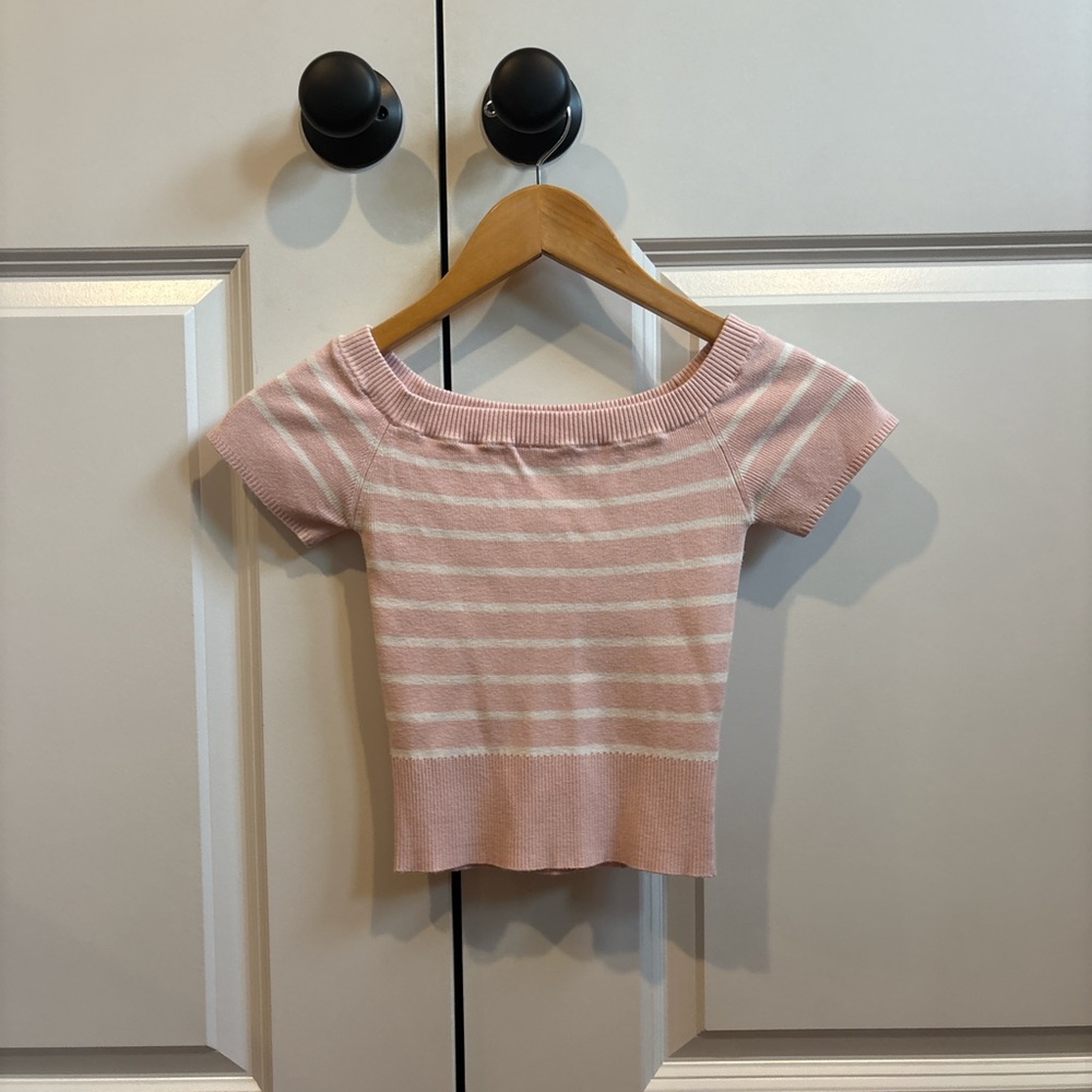 Garage Pink and White Striped Off-Shoulder Crop Top